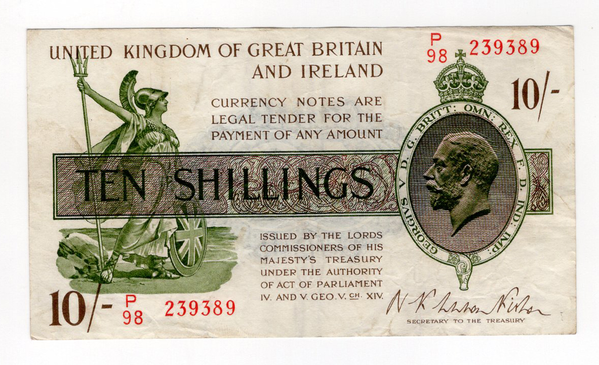 Warren Fisher 10 Shillings (T30) issued 1922, serial P/98 239389 (T30, Pick358) about VF