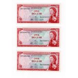 East Caribbean 1 Dollar (3) issued 1965, signature 7, a consecutively numbered pair plus one