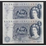 Fforde 5 Pounds (B313) issued 1967 (2), a very rare consecutively numbered pair of REPLACEMENT