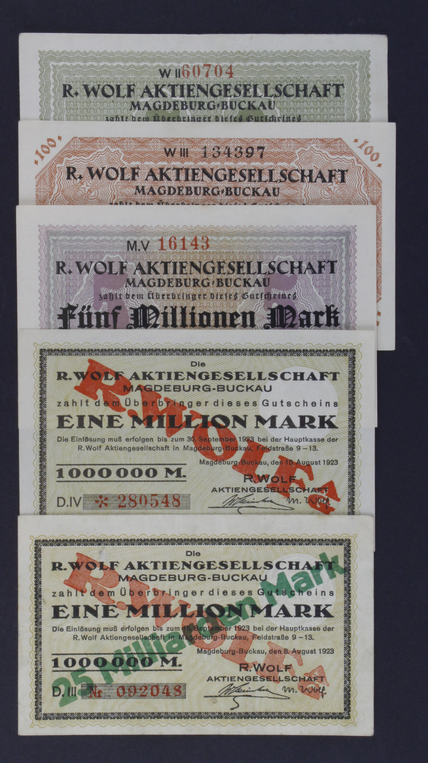 Germany Grossgeld (5) dated 1923, 1 Million Mark, 5 Millionen Mark, 25 Millionen Mark provisonal