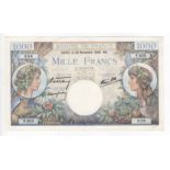 France 1000 Francs dated 28th November 1940, serial T.655 338 (Pick96a) light signs of handling/