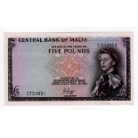 Malta 5 Pounds issued 1968, Queen Elizabeth II portrait at right, signed P.L. Hogg, serial A/6