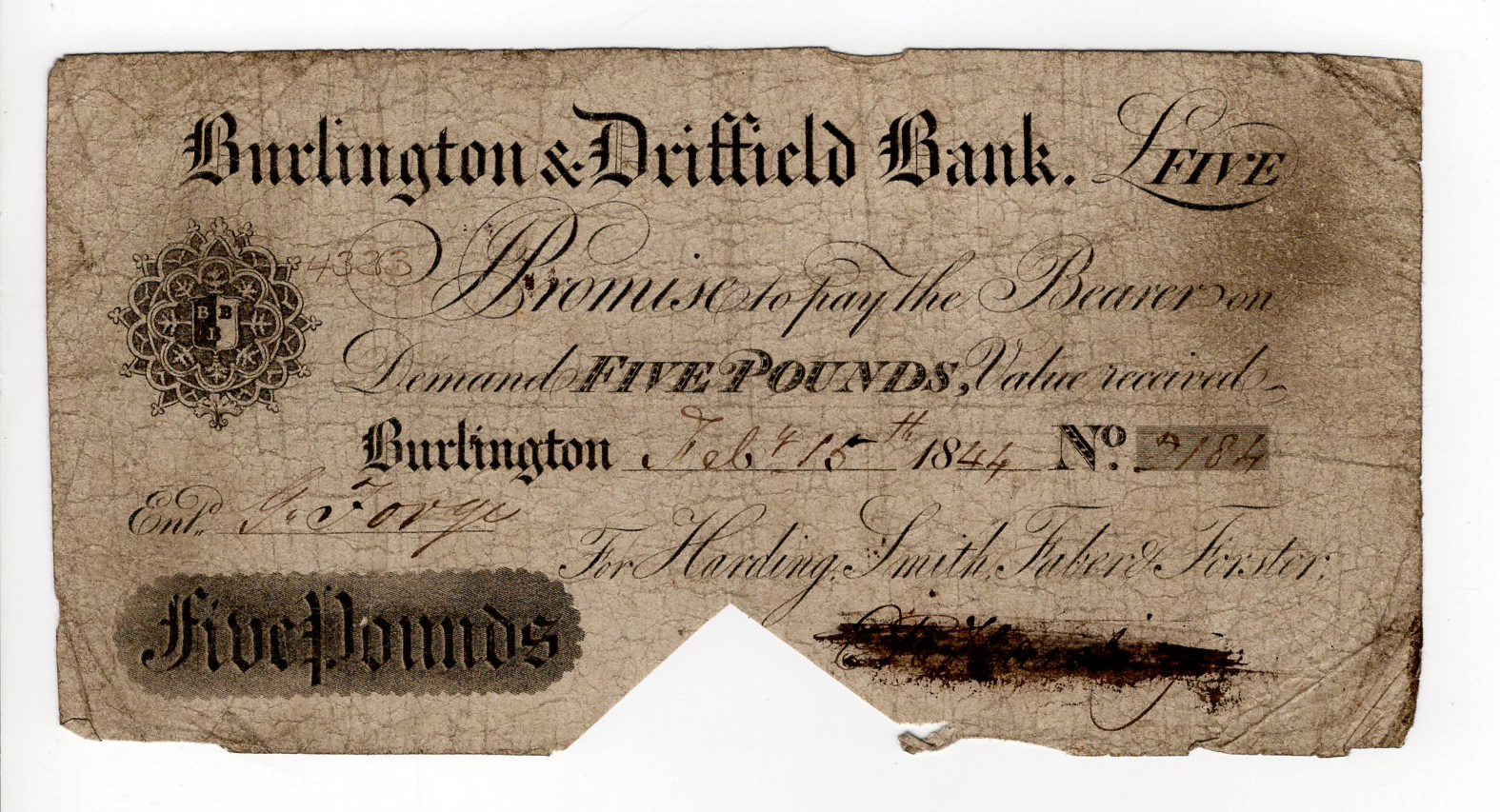 Burlington & Driffield Bank 5 Pounds dated 1844, serial 2184 for Harding, Smith, Faber & Forster (