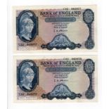 O'Brien 5 Pounds (B277) issued 1957 (2), series B helmeted Britannia, Lion & Key, a consecutively