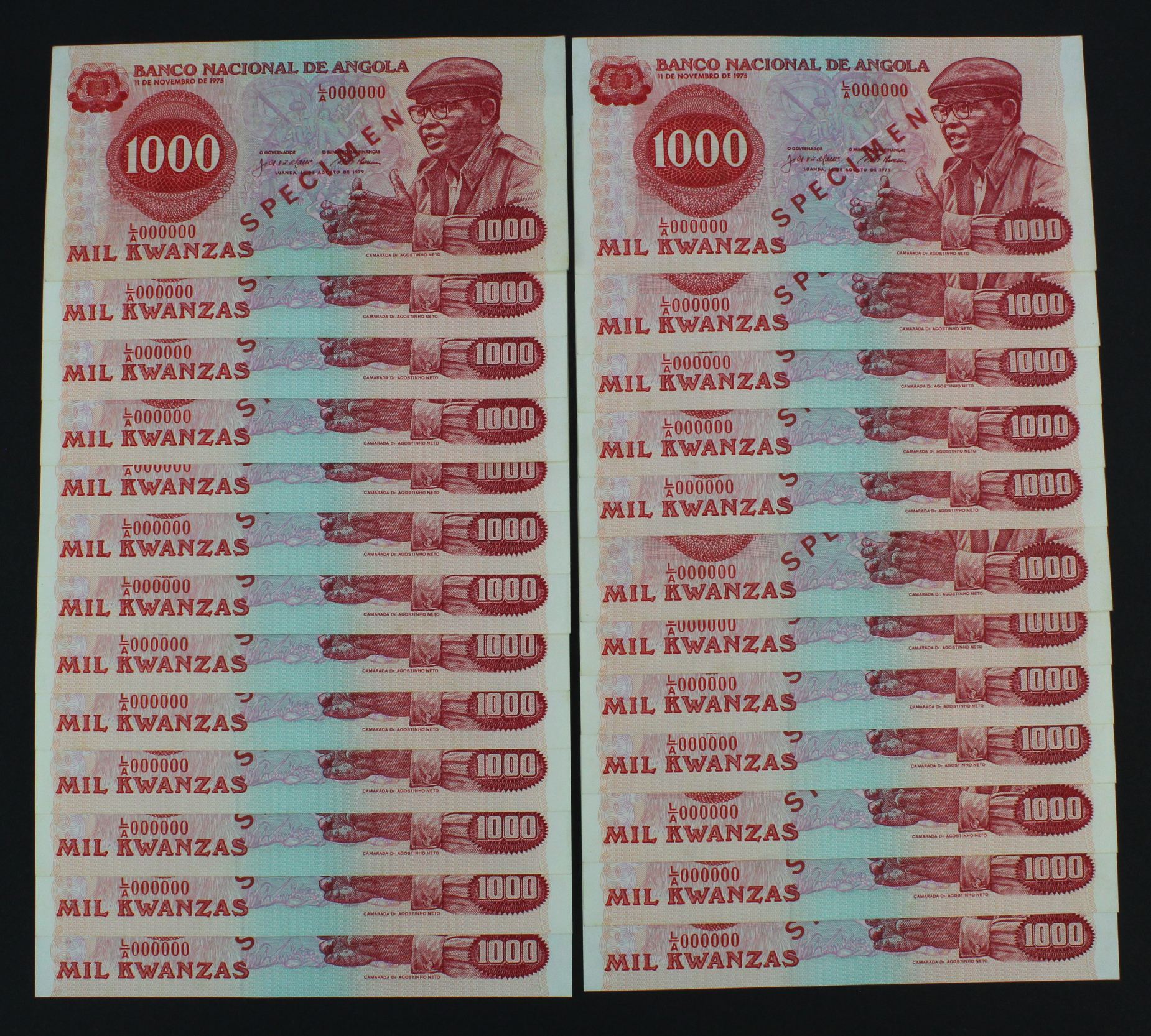 Angola 1000 Kwanzas (25) dated 14th August 1979, a bundle of SPECIMEN notes all with serial L/A