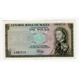 Malta 1 Pound issued 1968, Queen Elizabeth II portrait at right, signed P.L. Hogg, serial A/14