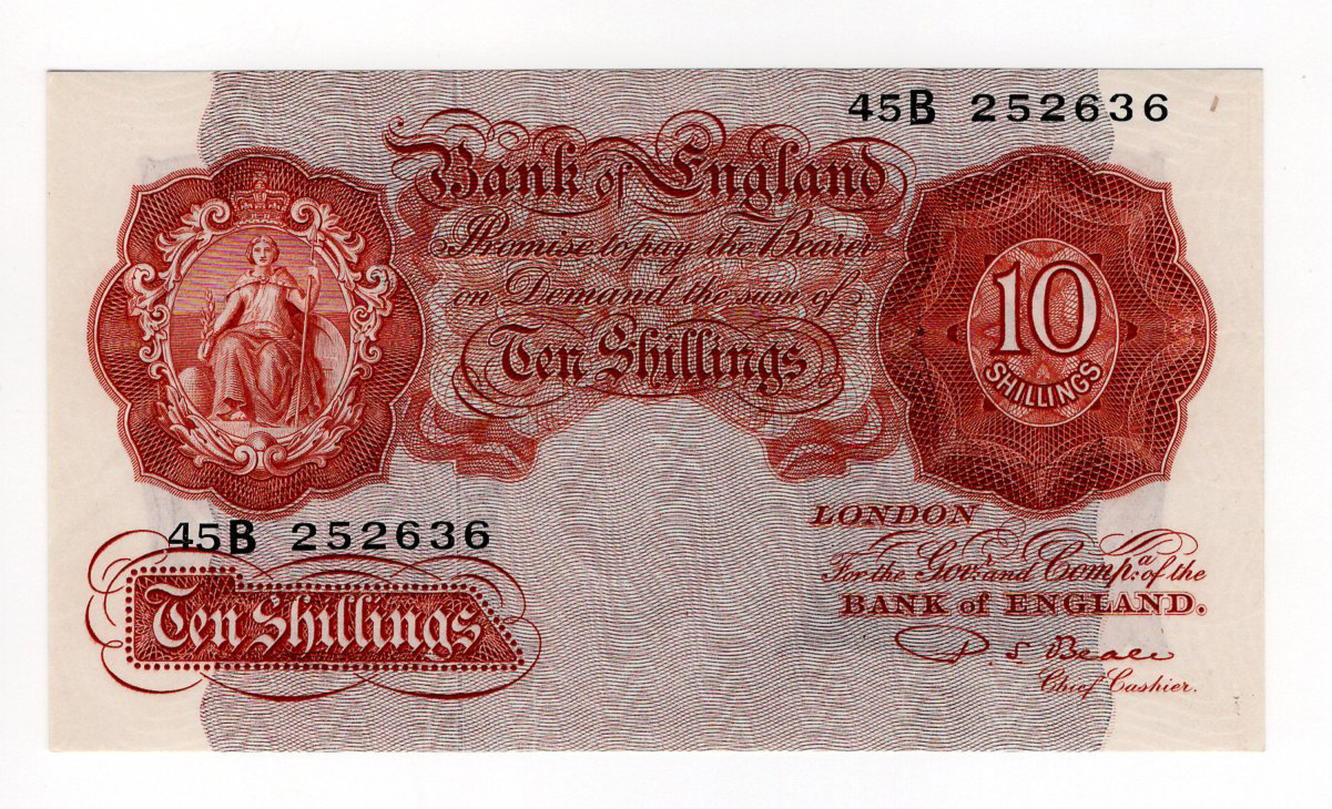 Beale 10 Shillings (B265) issued 1950, scarce LAST SERIES note, serial 45B 252636 (B265, Pick368b)