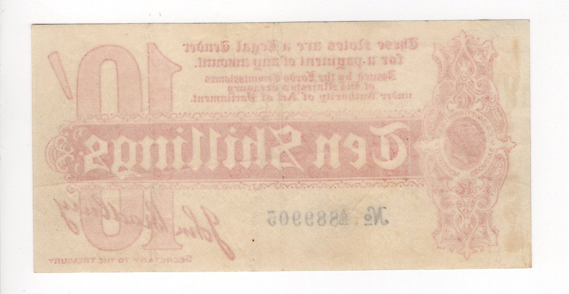 Bradbury 10 Shillings (T9, Pick346) issued 1914, Royal Cypher watermark, serial A/20 889905, No. - Image 2 of 2