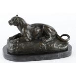 Bronze panther on marble base signed Barye. Height 14cm, length 26 cm approx.