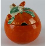 Clarice Cliff Bizarre Fantasque orange preserve pot with lid, makers mark to base, height 90mm