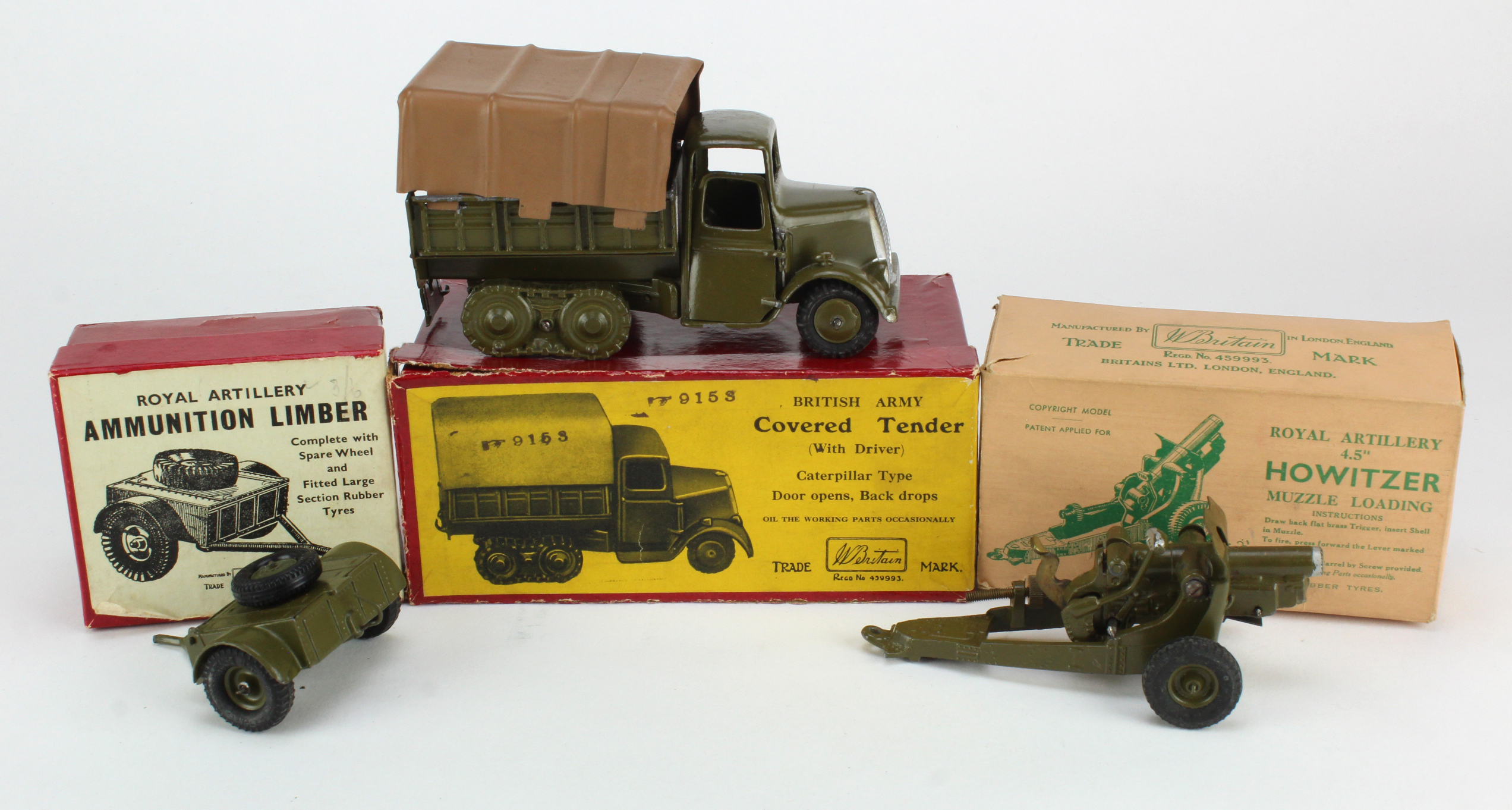 Britains. Three boxed Britains models, comprising no. 1433 'Army Covered Lorry Caterpillar Type',