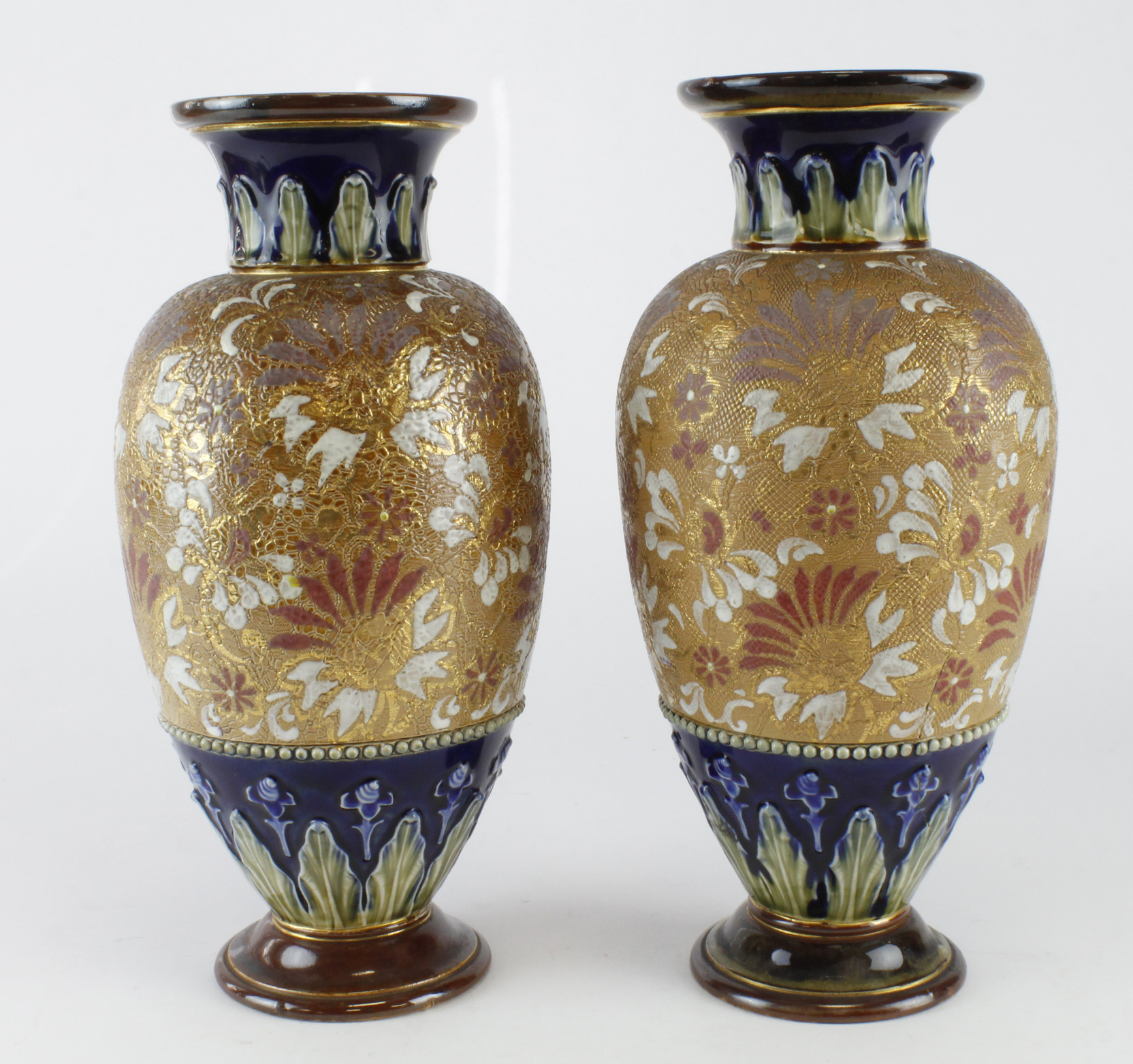 Royal Doulton. Pair of Royal Doulton Slater Patent glazed vases, makes marks to base, height 29.