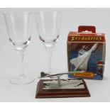 Concorde lot comprising of two Concorde Flights of Fancy Goodwood Champagne glasses +matchbox Sky-