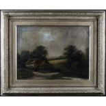 R. Percy. Oil on canvas, depicting a countryside landscape with cottage and figures in the