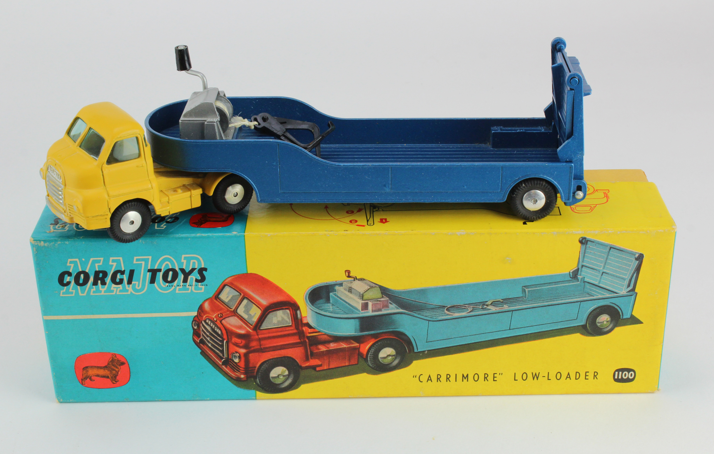 Corgi Major Toys, no. 1100 'Carrimore Low Loader' (yellow cab with blue back), contained in original