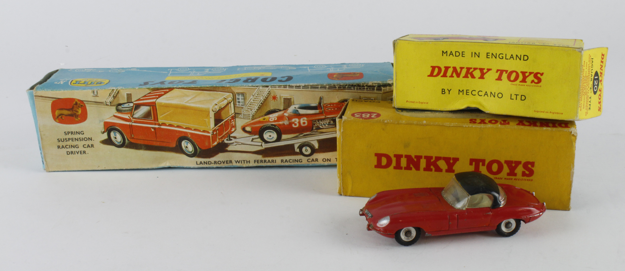 Dinky & Corgi. Three boxed models, comprising Dinky, no. 120 'Jaguar E Type', no. 283 'BOAC Coach' &