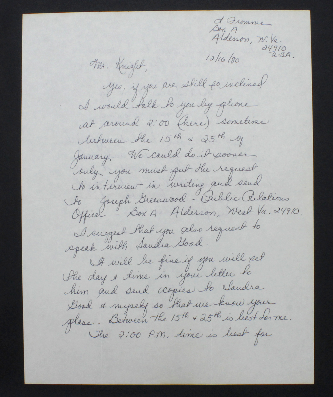 Fromme (Lynette). An original double sided ink manuscript letter, dated 16th December 1980, signed