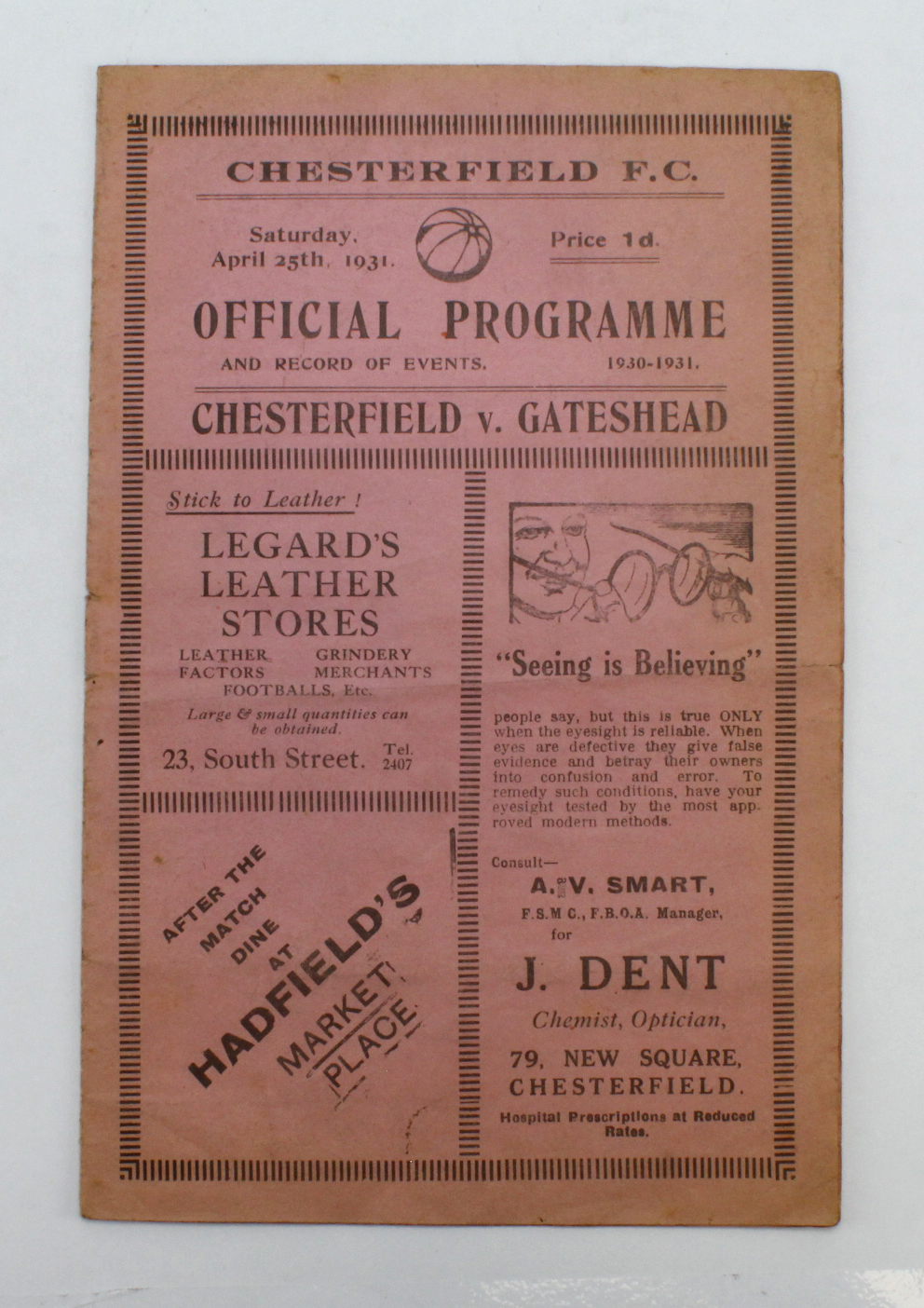 Football Programme – Chesterfield v Gateshead 25th April 1931 (Third Division) a/f