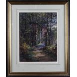 G E Wright. Mixed media of a woodland scene. Signed lower right. Image measures approx 30cm x
