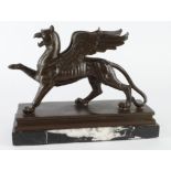 Bronze griffin? on marble base. Height 30cm, length 25 cm approx.