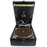 His Master Voice (HMV) portable gramophone (model 101), height 15cm, width 29cm, depth 41.5cm