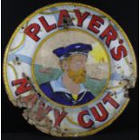 Players Navy Cut enamel advertising sign, depicting a sailor to centre, diameter 60cm approx. (buyer