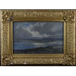Oil painting depicting a coastal scene with cottage in the foreground, signed ' H C Guyatt (?)' to