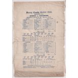 Cricket silk scorecard, a silk scorecard from the Surrey v Yorkshire match played at Kennington