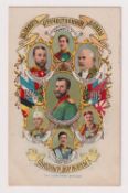 Postcard, Russia, Royalty, chromo style card showing leaders of the Allies, in Czar, George V, Peter