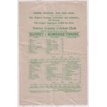 Cricket silk scorecard, a silk scorecard from the Surrey v Somersetshire match played at