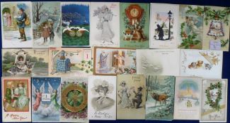 Postcards, a greetings selection of approx. 73 New Year cards with postmen, Father Time, embossed,