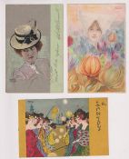 Postcards, Art Nouveau, Raphel Kirchner, three cards, Santoy III, Dutch girl with Tulips & girl in
