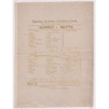 Cricket silk scorecard, a silk scorecard from the Surrey v Notts, match played at Kennington Oval,
