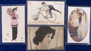 Postcards, 4 glamour cards to comprise a pretty Art Deco lady illustrated by Mela Koehler