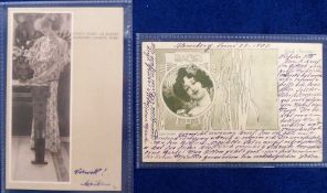 Postcards, 2 glamour cards to comprise Art Nouveau design illustrated by Koloman Moser used in