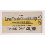 Tennis, Wimbledon Lawn Tennis Championships machine issue admission ticket, 1914, third day 2/6,