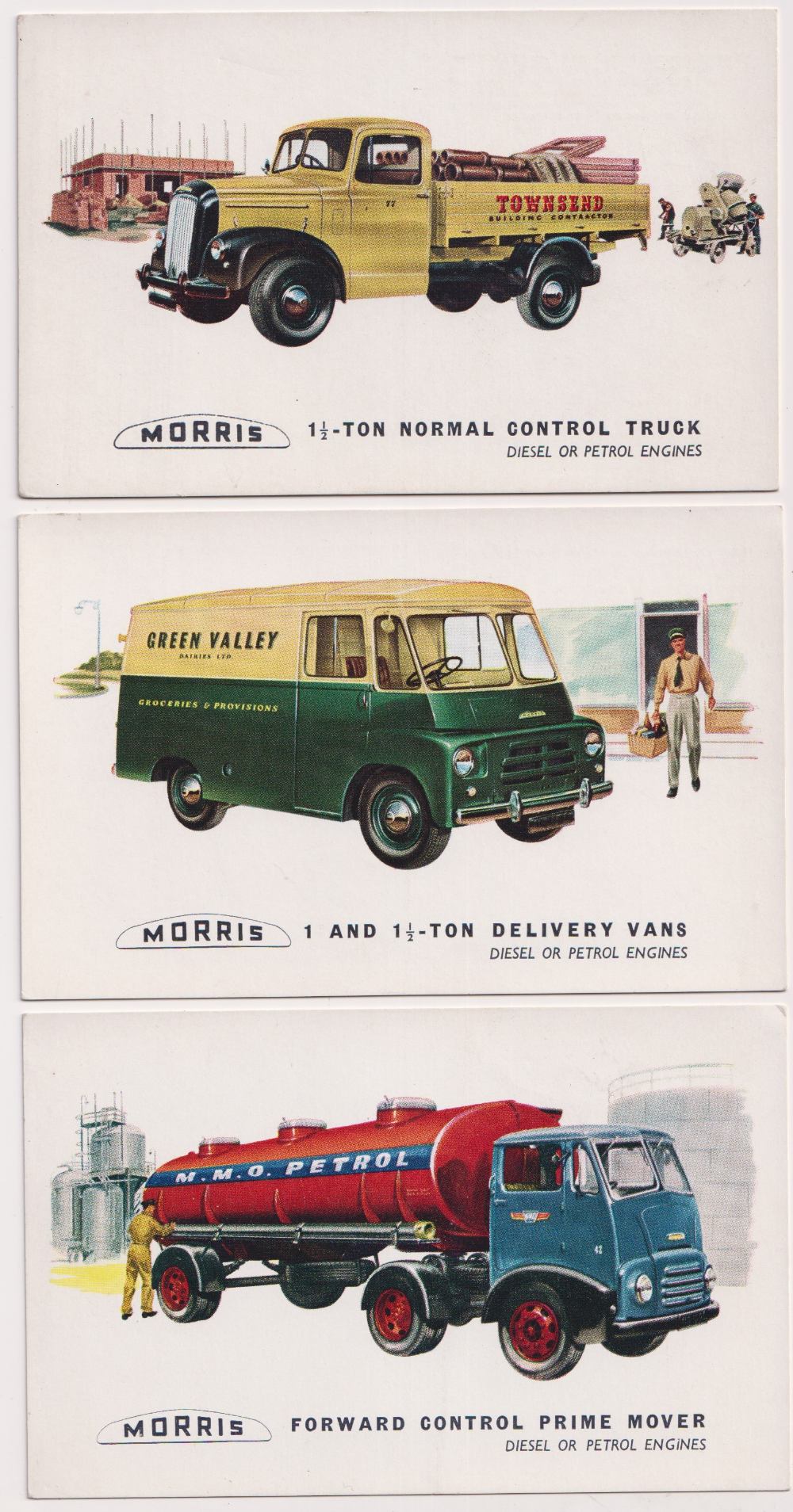 Postcards, Advertising, Morris Lorries, 3 cards, Delivery Van, Control Truck & Forward Control Prime