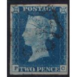 Stamps, GB QV 2d blue PC 4 good to large margins with a very light black MC cancel. SG5 cat £975