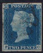 Stamps, GB QV 2d blue PC 4 good to large margins with a very light black MC cancel. SG5 cat £975