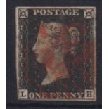 Stamp, GB QV 1840 1d black LH, 4 margins cancelled with a full red MC. SG2 cat £375 (1)