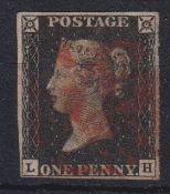 Stamp, GB QV 1840 1d black LH, 4 margins cancelled with a full red MC. SG2 cat £375 (1)