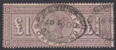 Stamp, GB QV 1884 £1 Brown-Lilac RD, crowns watermark fine used with an oval 'Throgmorton Avenue'