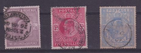 Stamps, GB KEVII 1911/13 high values 2/6 lilac, 5/- carmine, 10/- blue used. SG 316, 318 & 319