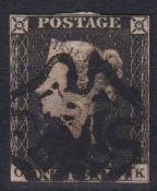 Stamp, GB QV 1840 1d black OK, poor margins cancelled with a black MC. SG2 cat £375 (1)