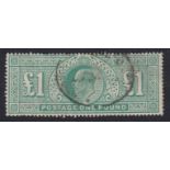 Stamp, GB KEVII 1902 £1 dull blue-green fine used centered slightly left. SG266 cat £825 (1)