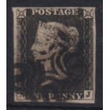 Stamp, GB QV 1840 1d black AJ, 4 good-large margins cancelled with a black MC. SG2 cat £375 (1)