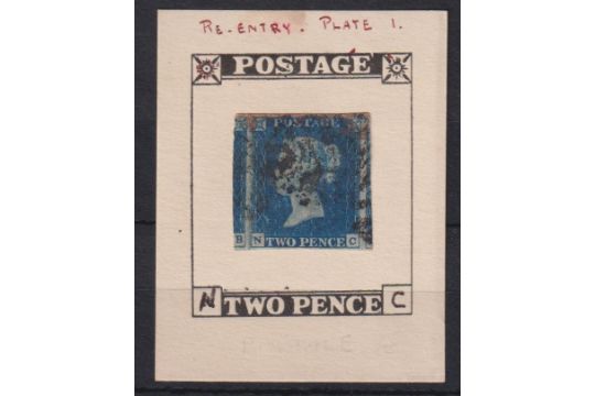 Stamp, GB QV 1840 2d blue NC stated to be plate 1 re-entry with 4 good to huge margins showing