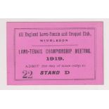 Tennis, Wimbledon, Lawn Tennis Championship entrance ticket 1919, no 22 for D Stand (vg) (1)