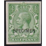 Stamp, GB KGV 1/2d green Royal Cypher UM imperf single overprinted 'SPECIMEN'. SG351 (1)