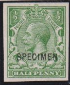 Stamp, GB KGV 1/2d green Royal Cypher UM imperf single overprinted 'SPECIMEN'. SG351 (1)
